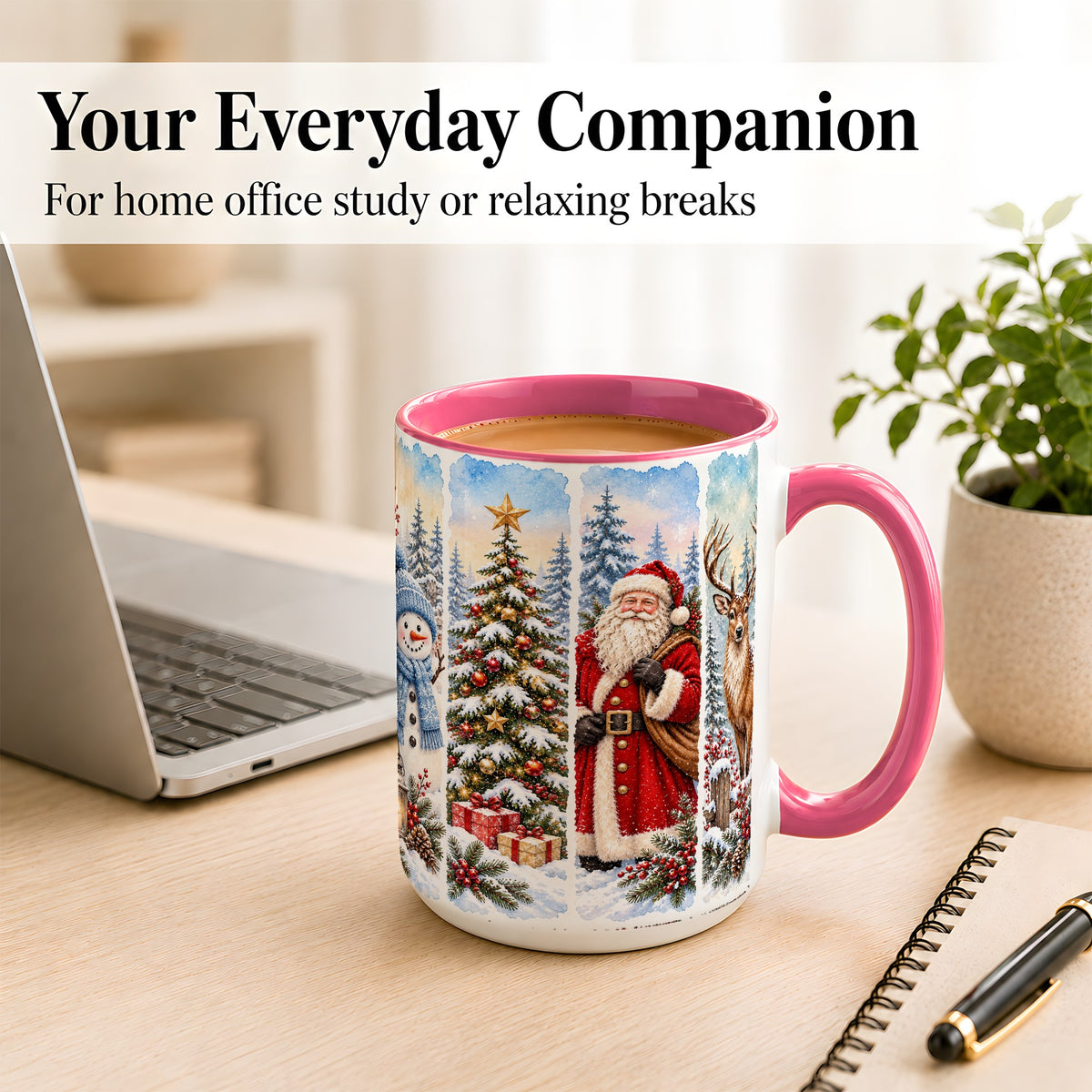 #pl[15oz|Pink] Christmas Winter Quartet Coffee Mug, Snowy Holiday Mug, Ceramic Cup