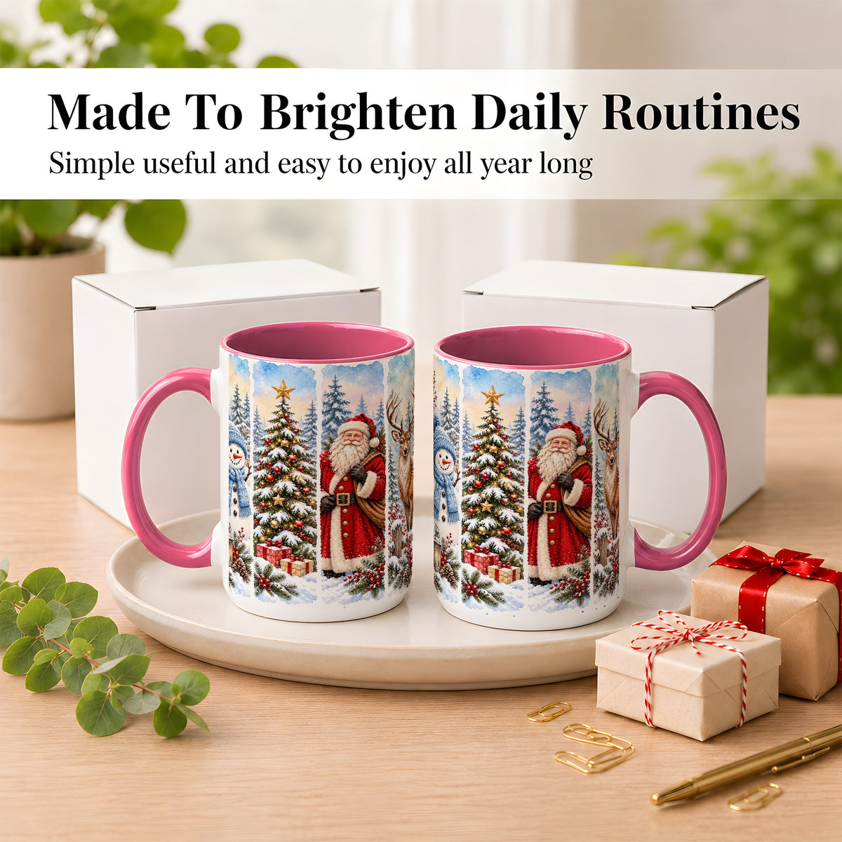 #pl[15oz|Pink] Christmas Winter Quartet Coffee Mug, Snowy Holiday Mug, Ceramic Cup