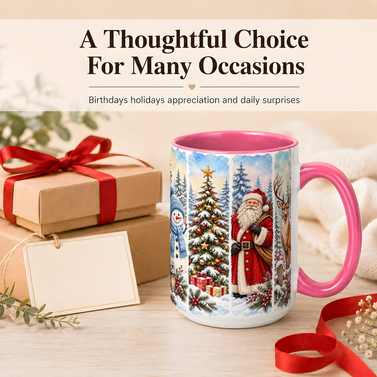 #pl[15oz|Pink] Christmas Winter Quartet Coffee Mug, Snowy Holiday Mug, Ceramic Cup