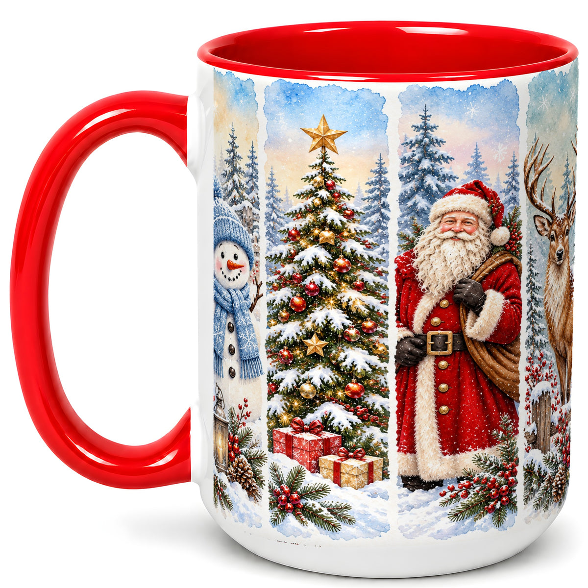 #pl[15oz|Red] Christmas Winter Quartet Coffee Mug, Snowy Holiday Mug, Ceramic Cup