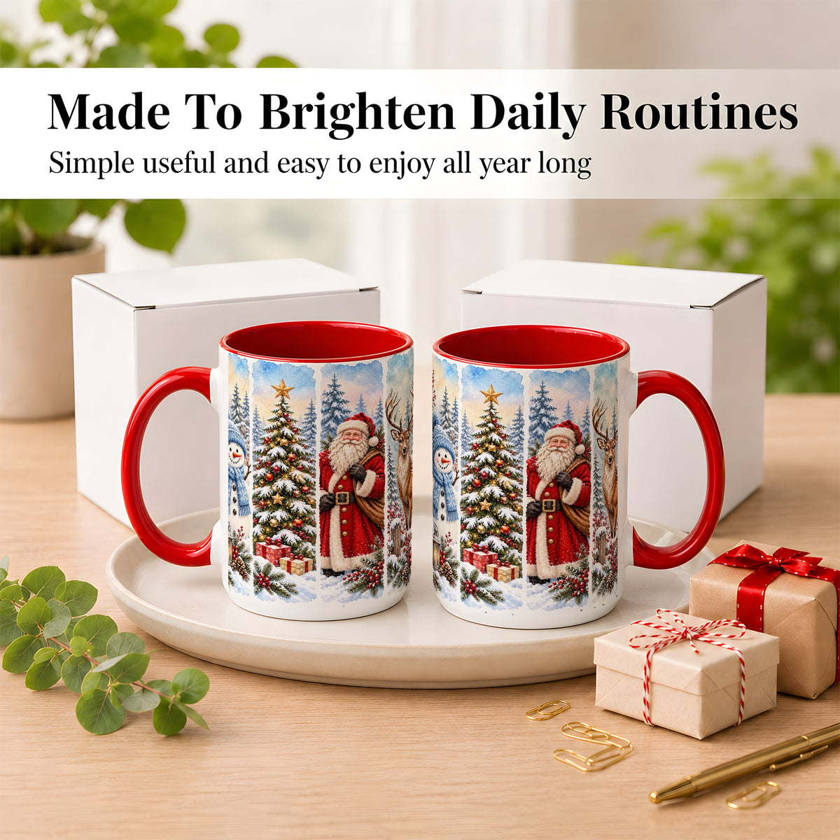 #pl[15oz|Red] Christmas Winter Quartet Coffee Mug, Snowy Holiday Mug, Ceramic Cup
