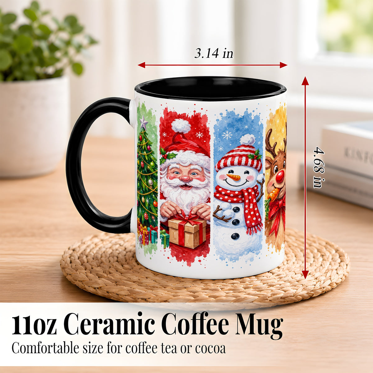 #pl[11oz|Black] Christmas Friends Coffee Mug, Santa Snowman Reindeer Mug, Ceramic Cup
