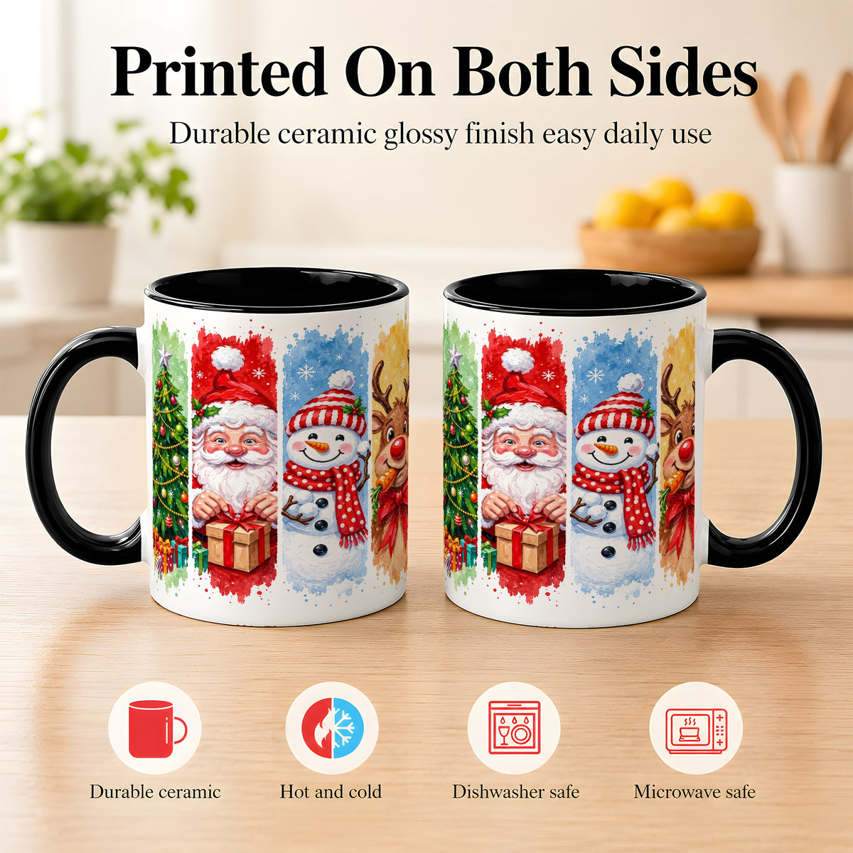 #pl[11oz|Black] Christmas Friends Coffee Mug, Santa Snowman Reindeer Mug, Ceramic Cup