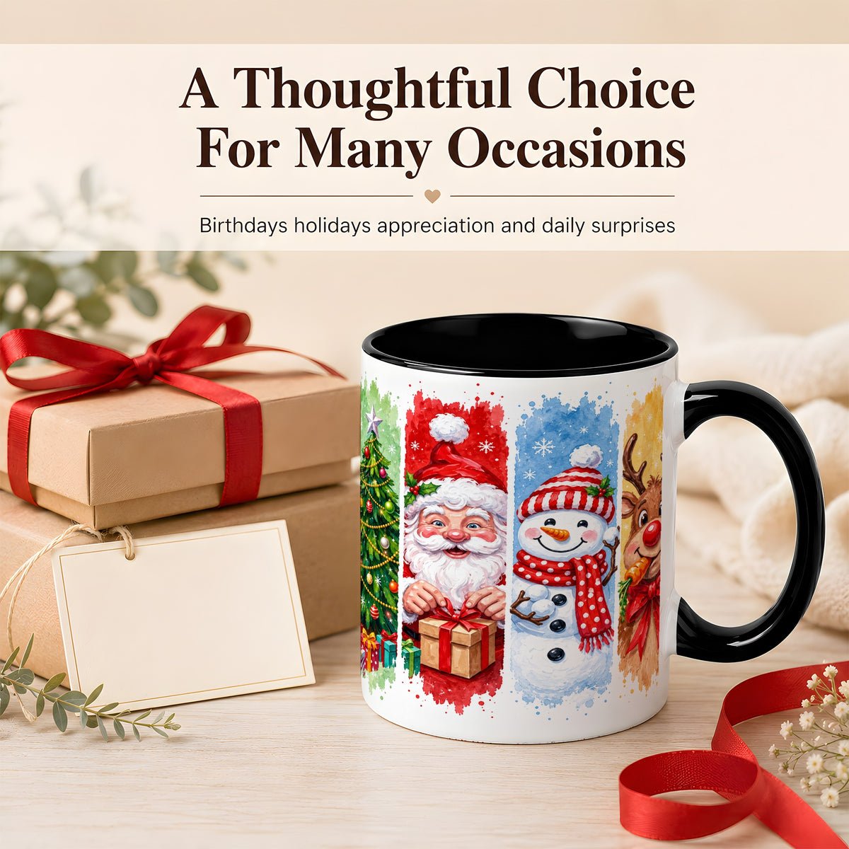#pl[11oz|Black] Christmas Friends Coffee Mug, Santa Snowman Reindeer Mug, Ceramic Cup