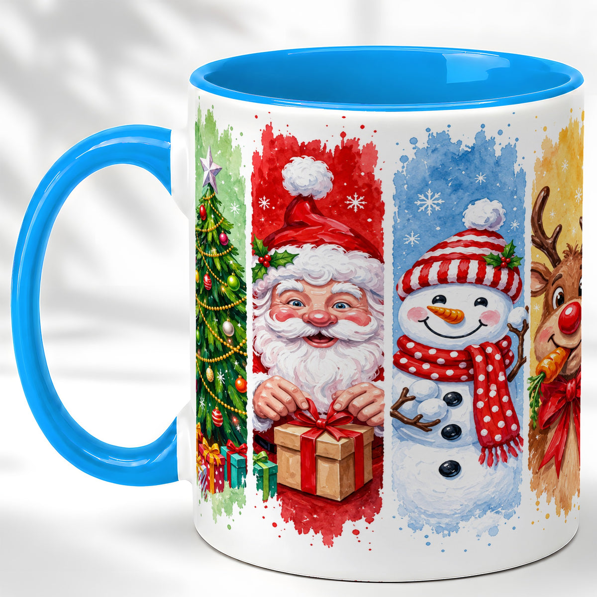 #pl[11oz|Blue] Christmas Friends Coffee Mug, Santa Snowman Reindeer Mug, Ceramic Cup