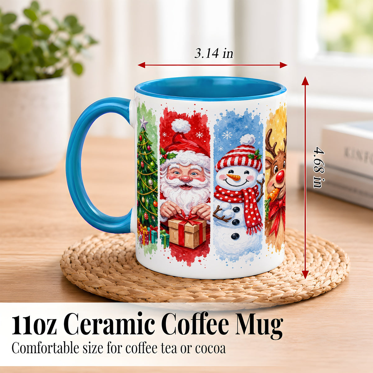 #pl[11oz|Blue] Christmas Friends Coffee Mug, Santa Snowman Reindeer Mug, Ceramic Cup