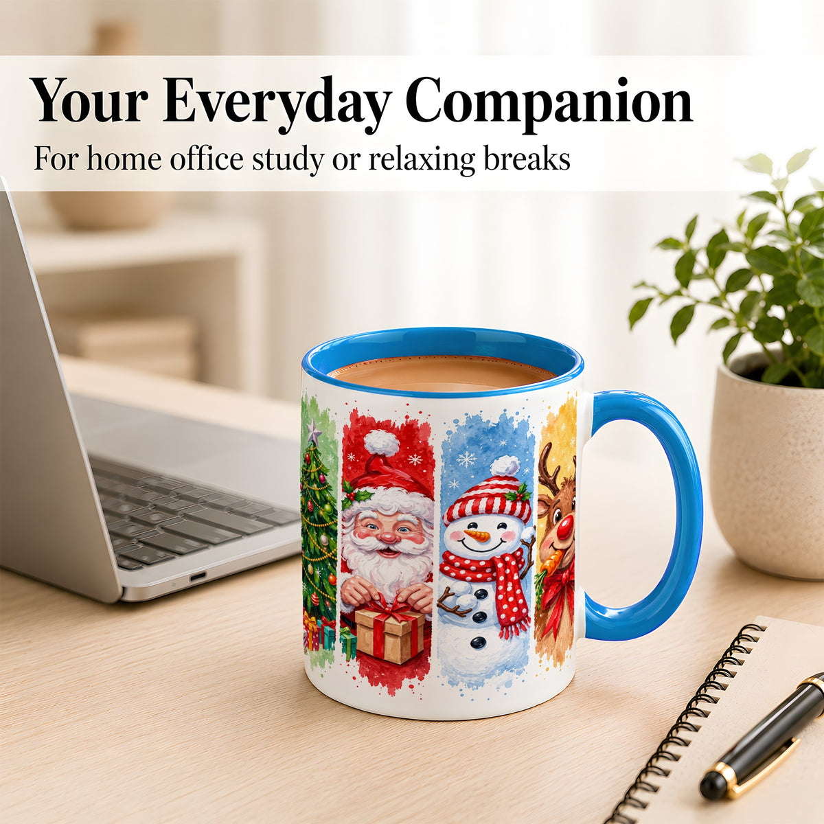 #pl[11oz|Blue] Christmas Friends Coffee Mug, Santa Snowman Reindeer Mug, Ceramic Cup