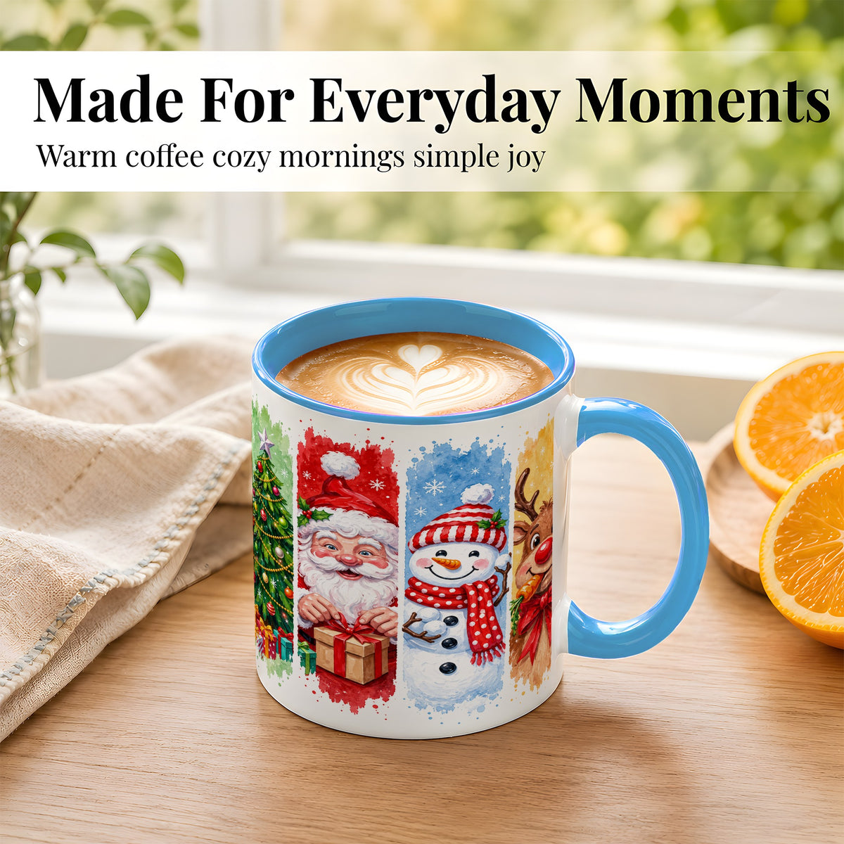 #pl[11oz|Blue] Christmas Friends Coffee Mug, Santa Snowman Reindeer Mug, Ceramic Cup