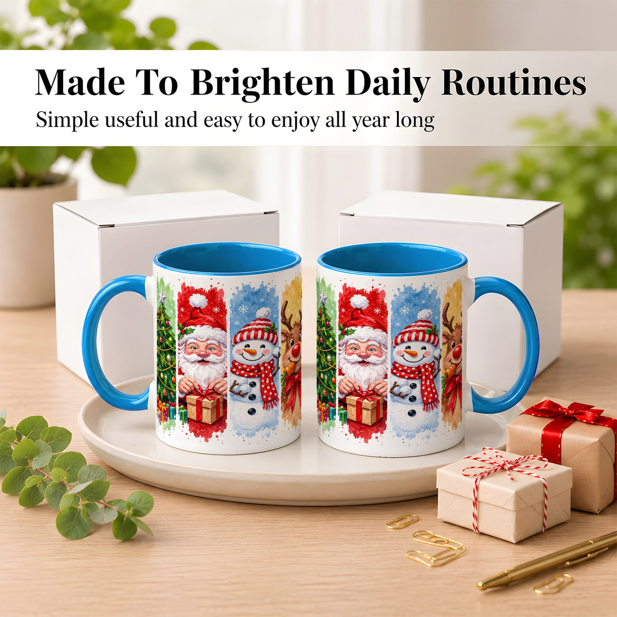 #pl[11oz|Blue] Christmas Friends Coffee Mug, Santa Snowman Reindeer Mug, Ceramic Cup