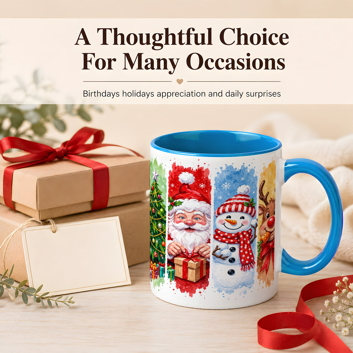 #pl[11oz|Blue] Christmas Friends Coffee Mug, Santa Snowman Reindeer Mug, Ceramic Cup