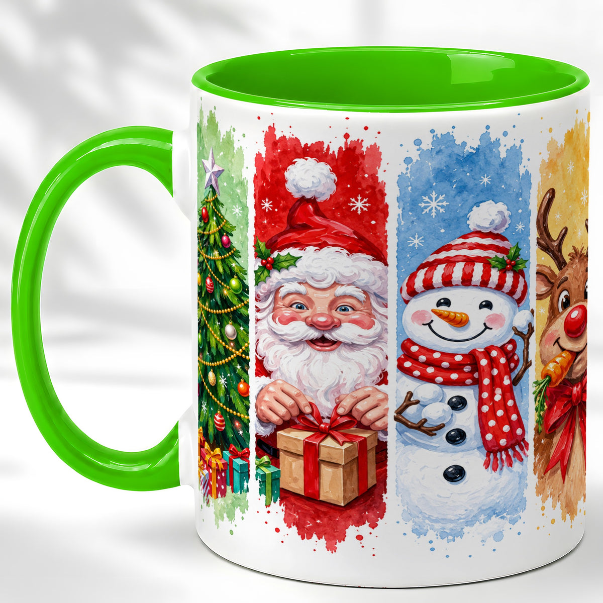 #pl[11oz|Green] Christmas Friends Coffee Mug, Santa Snowman Reindeer Mug, Ceramic Cup