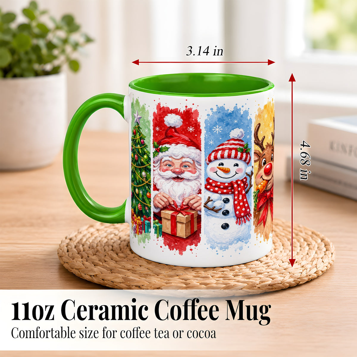 #pl[11oz|Green] Christmas Friends Coffee Mug, Santa Snowman Reindeer Mug, Ceramic Cup