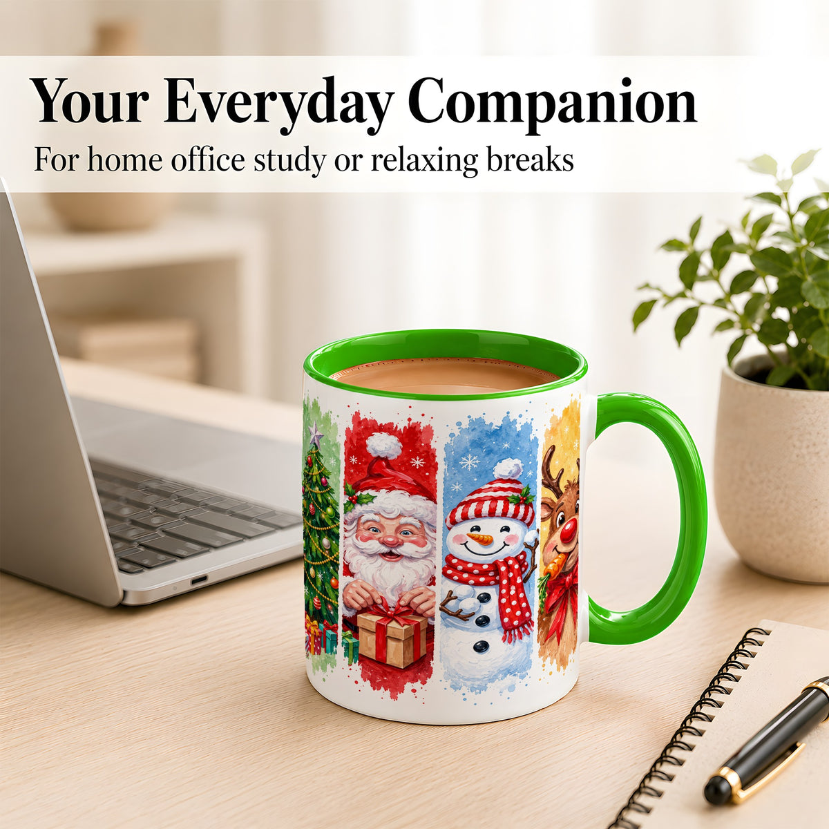 #pl[11oz|Green] Christmas Friends Coffee Mug, Santa Snowman Reindeer Mug, Ceramic Cup