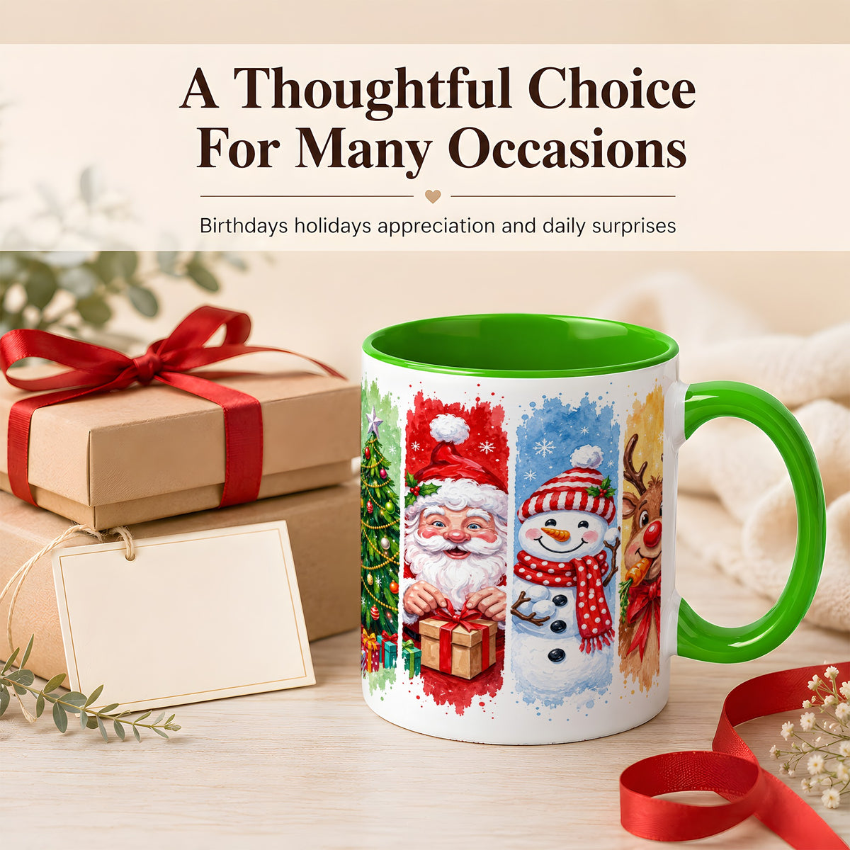 #pl[11oz|Green] Christmas Friends Coffee Mug, Santa Snowman Reindeer Mug, Ceramic Cup