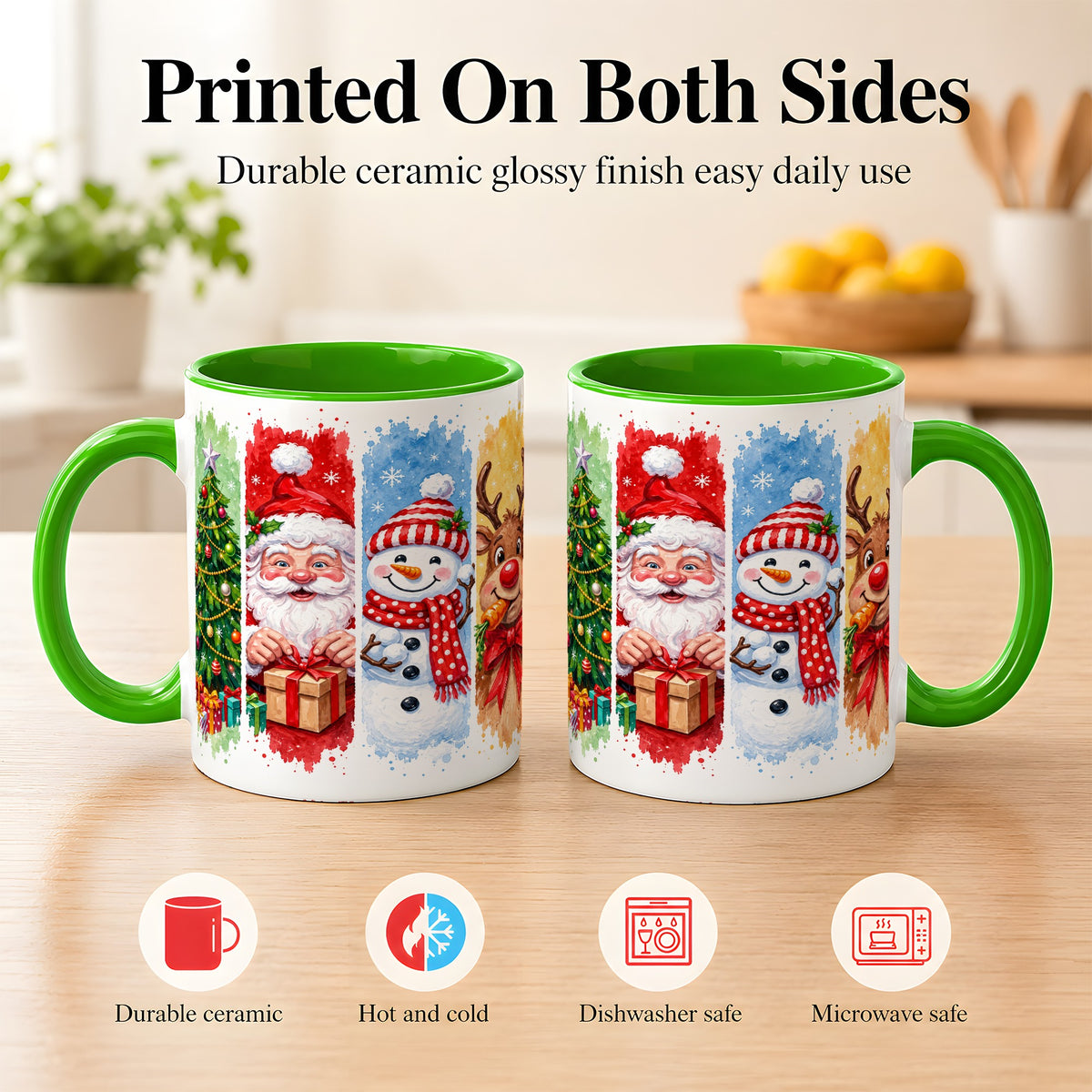 #pl[11oz|Green] Christmas Friends Coffee Mug, Santa Snowman Reindeer Mug, Ceramic Cup
