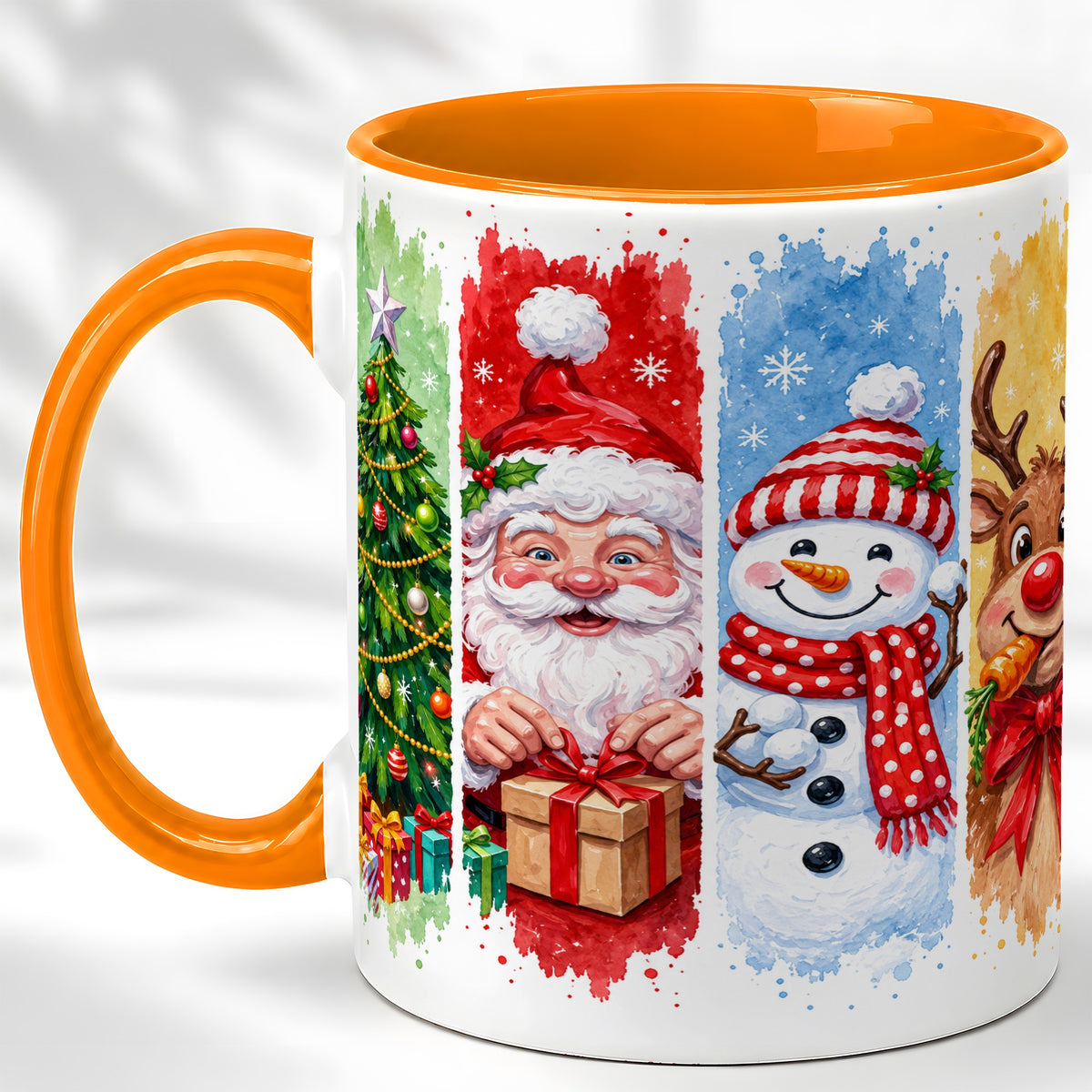 #pl[11oz|Orange] Christmas Friends Coffee Mug, Santa Snowman Reindeer Mug, Ceramic Cup