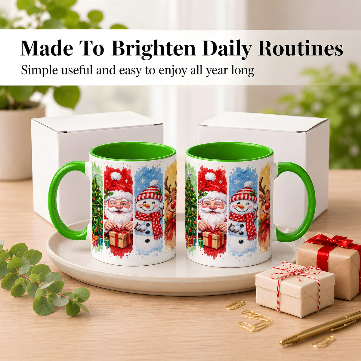 #pl[11oz|Green] Christmas Friends Coffee Mug, Santa Snowman Reindeer Mug, Ceramic Cup