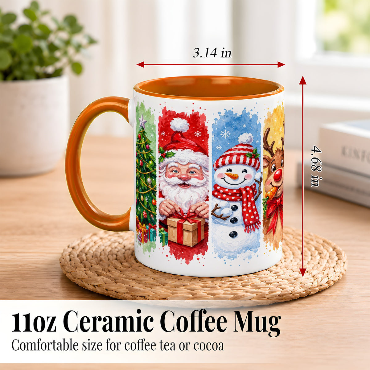 #pl[11oz|Orange] Christmas Friends Coffee Mug, Santa Snowman Reindeer Mug, Ceramic Cup