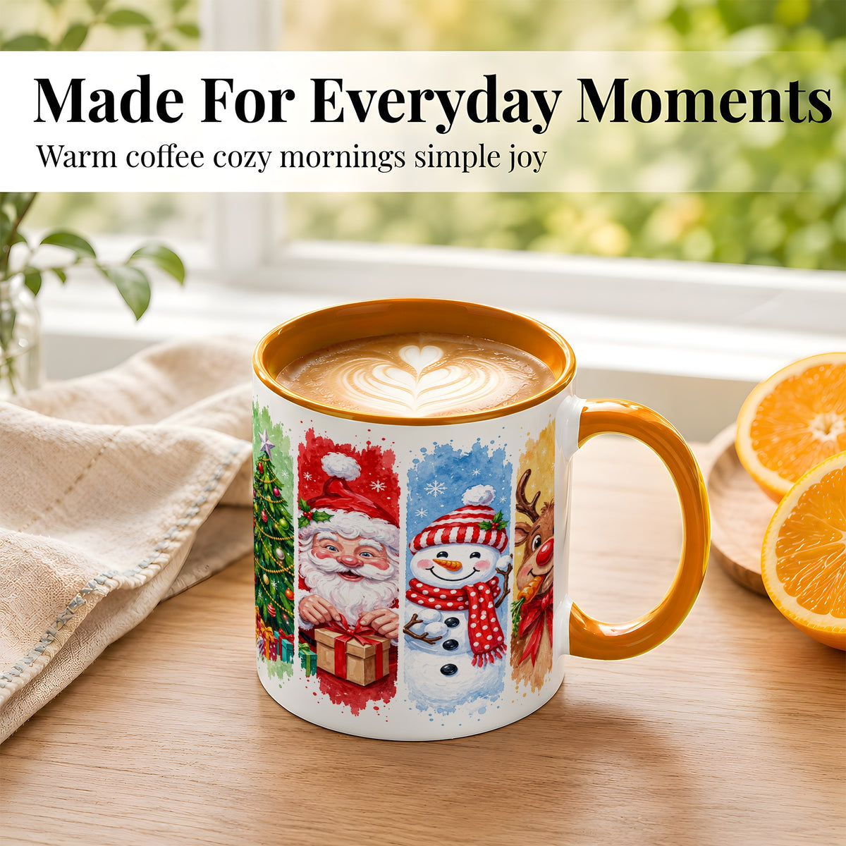 #pl[11oz|Orange] Christmas Friends Coffee Mug, Santa Snowman Reindeer Mug, Ceramic Cup