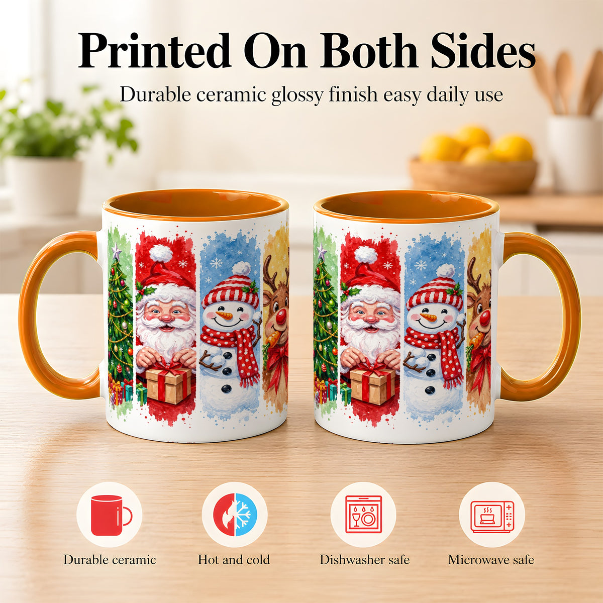 #pl[11oz|Orange] Christmas Friends Coffee Mug, Santa Snowman Reindeer Mug, Ceramic Cup