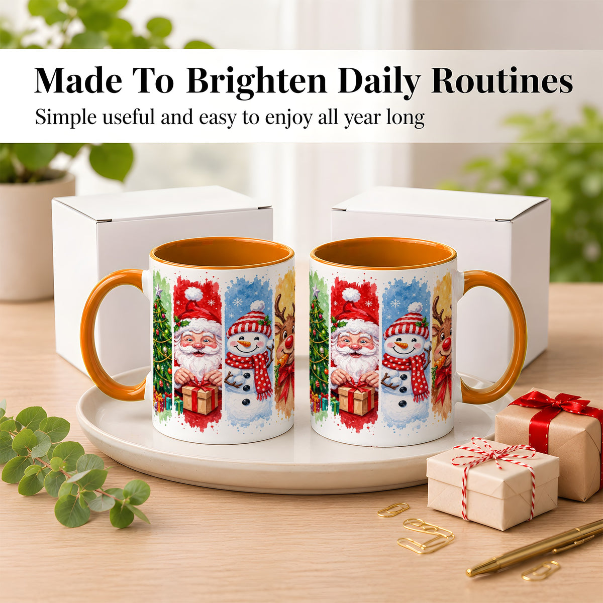 #pl[11oz|Orange] Christmas Friends Coffee Mug, Santa Snowman Reindeer Mug, Ceramic Cup