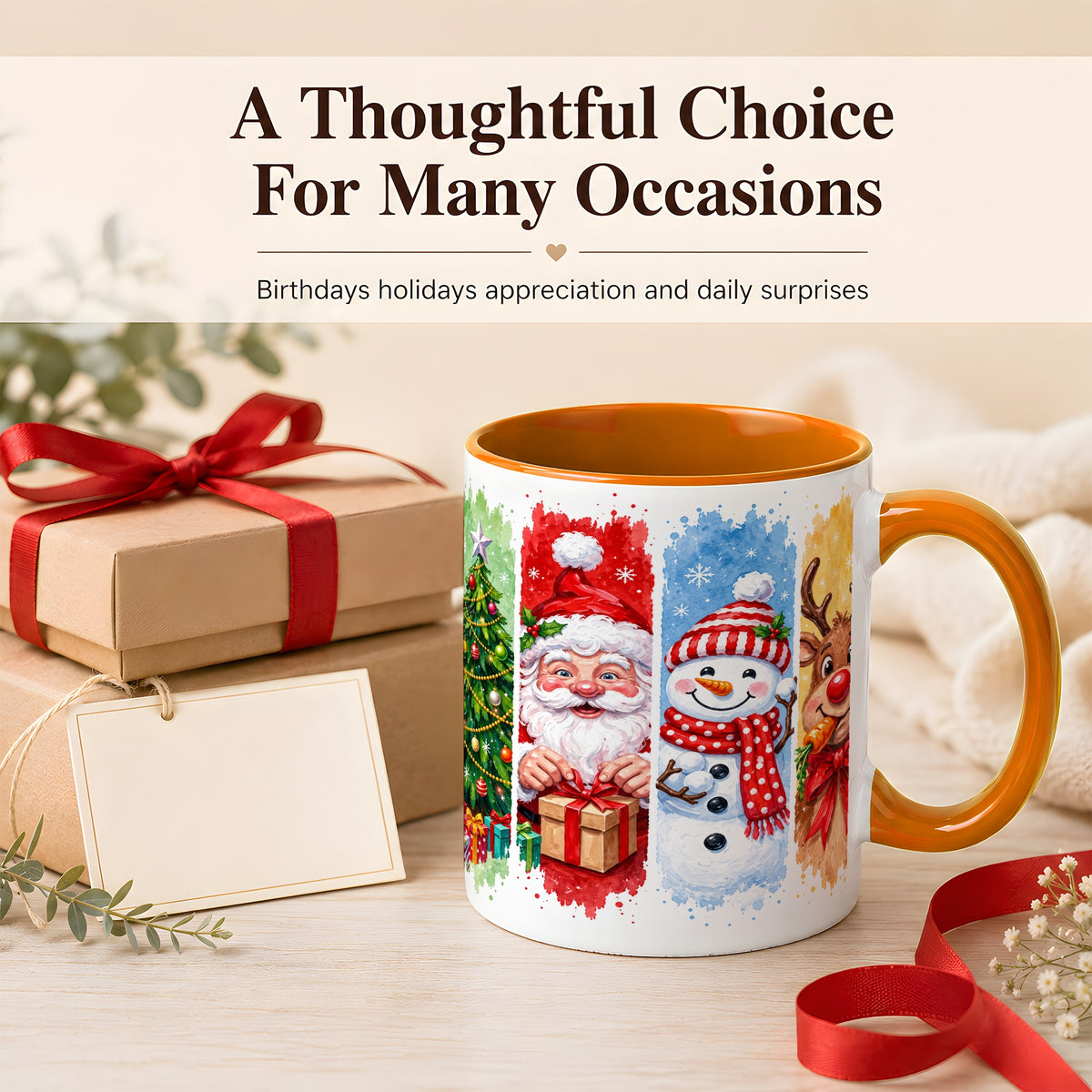 #pl[11oz|Orange] Christmas Friends Coffee Mug, Santa Snowman Reindeer Mug, Ceramic Cup