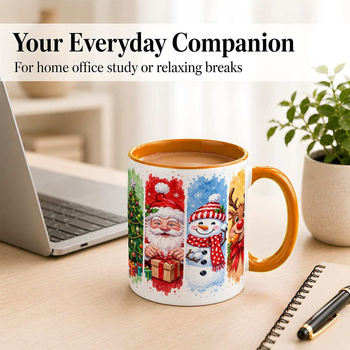 #pl[11oz|Orange] Christmas Friends Coffee Mug, Santa Snowman Reindeer Mug, Ceramic Cup