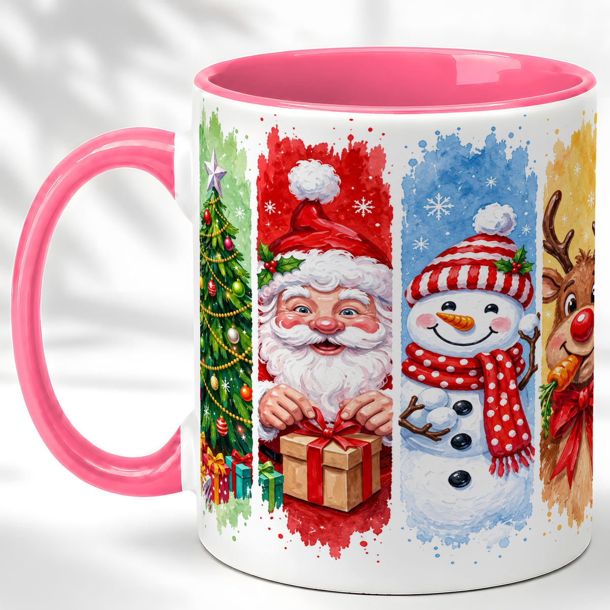 #pl[11oz|Pink] Christmas Friends Coffee Mug, Santa Snowman Reindeer Mug, Ceramic Cup