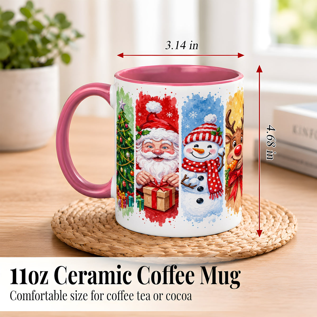 #pl[11oz|Pink] Christmas Friends Coffee Mug, Santa Snowman Reindeer Mug, Ceramic Cup