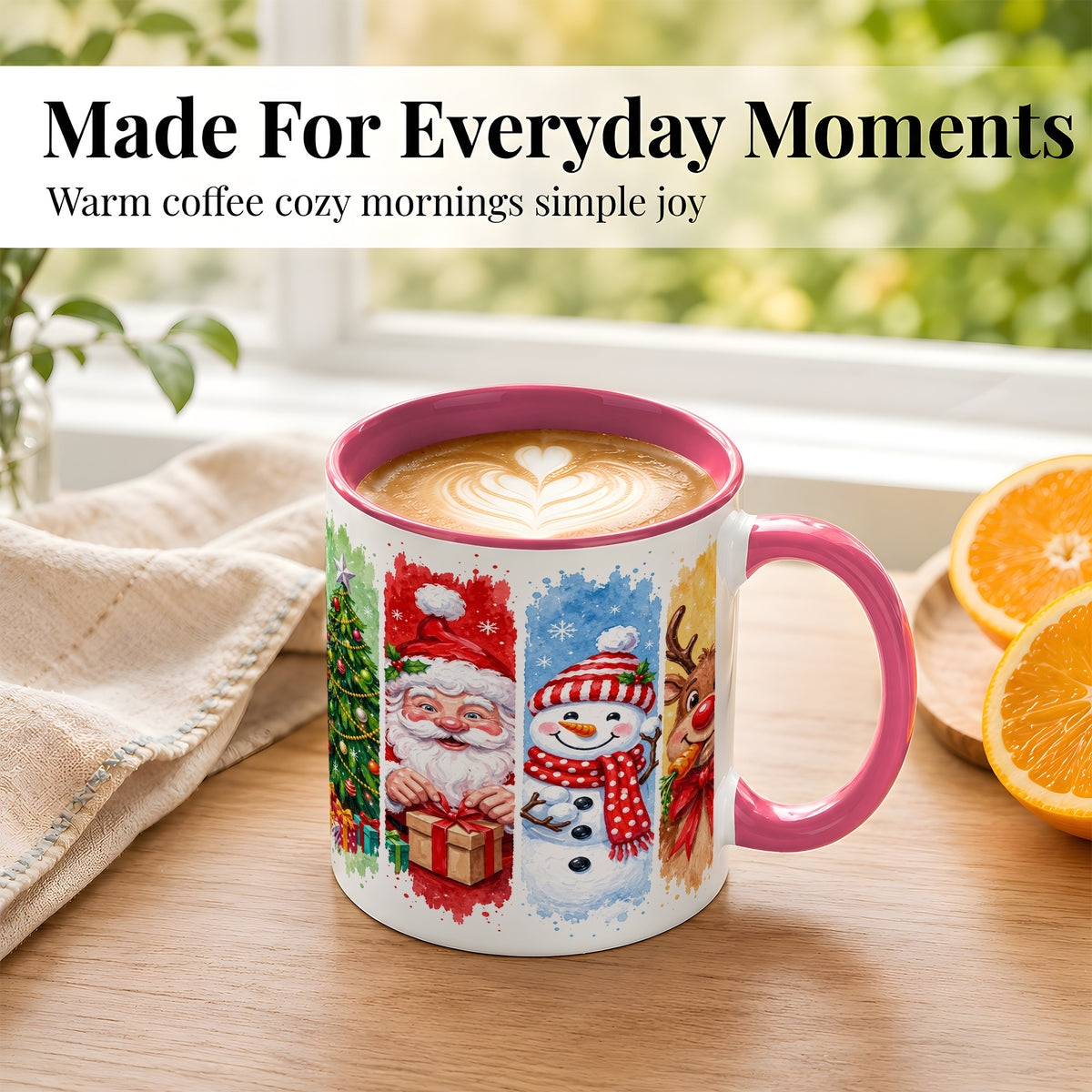 #pl[11oz|Pink] Christmas Friends Coffee Mug, Santa Snowman Reindeer Mug, Ceramic Cup