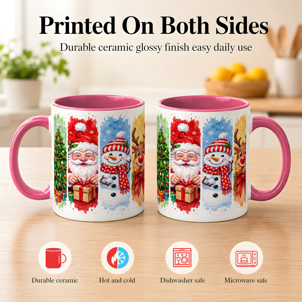 #pl[11oz|Pink] Christmas Friends Coffee Mug, Santa Snowman Reindeer Mug, Ceramic Cup