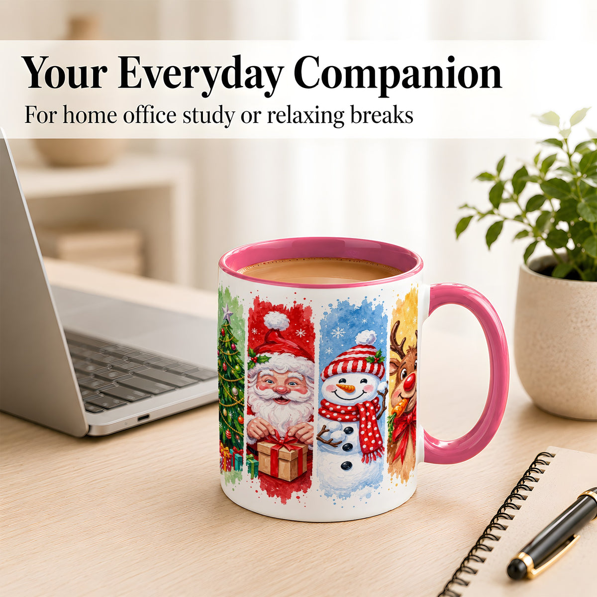 #pl[11oz|Pink] Christmas Friends Coffee Mug, Santa Snowman Reindeer Mug, Ceramic Cup