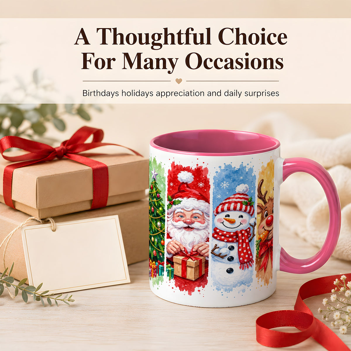 #pl[11oz|Pink] Christmas Friends Coffee Mug, Santa Snowman Reindeer Mug, Ceramic Cup