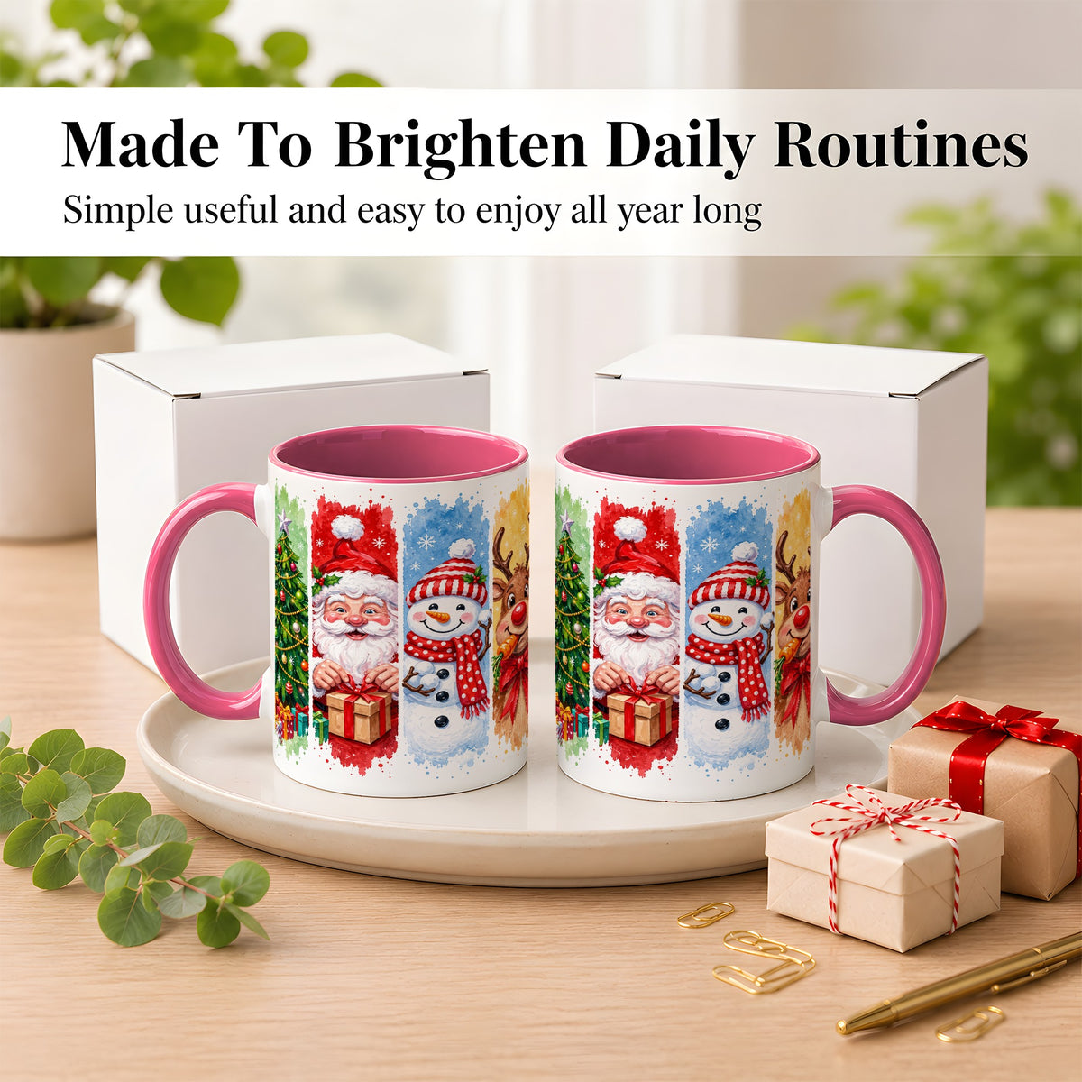 #pl[11oz|Pink] Christmas Friends Coffee Mug, Santa Snowman Reindeer Mug, Ceramic Cup