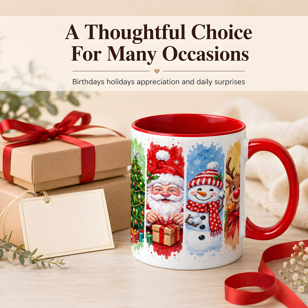 #pl[11oz|Red] Christmas Friends Coffee Mug, Santa Snowman Reindeer Mug, Ceramic Cup