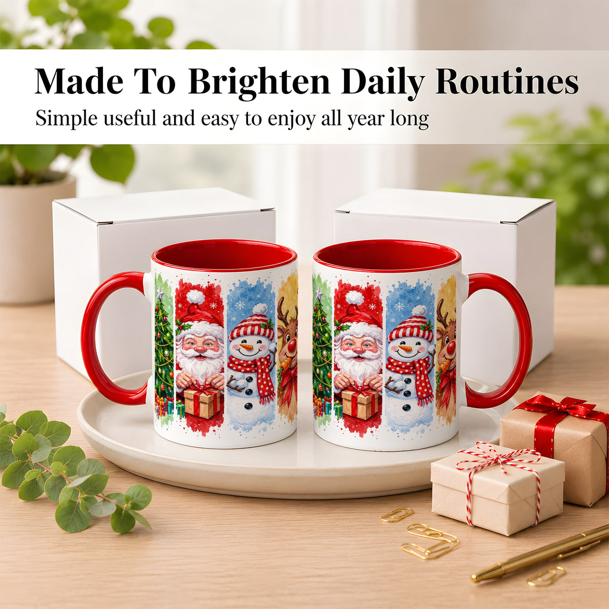 #pl[11oz|Red] Christmas Friends Coffee Mug, Santa Snowman Reindeer Mug, Ceramic Cup