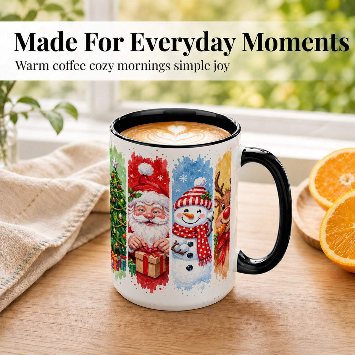 #pl[15oz|Black] Christmas Friends Coffee Mug, Santa Snowman Reindeer Mug, Ceramic Cup
