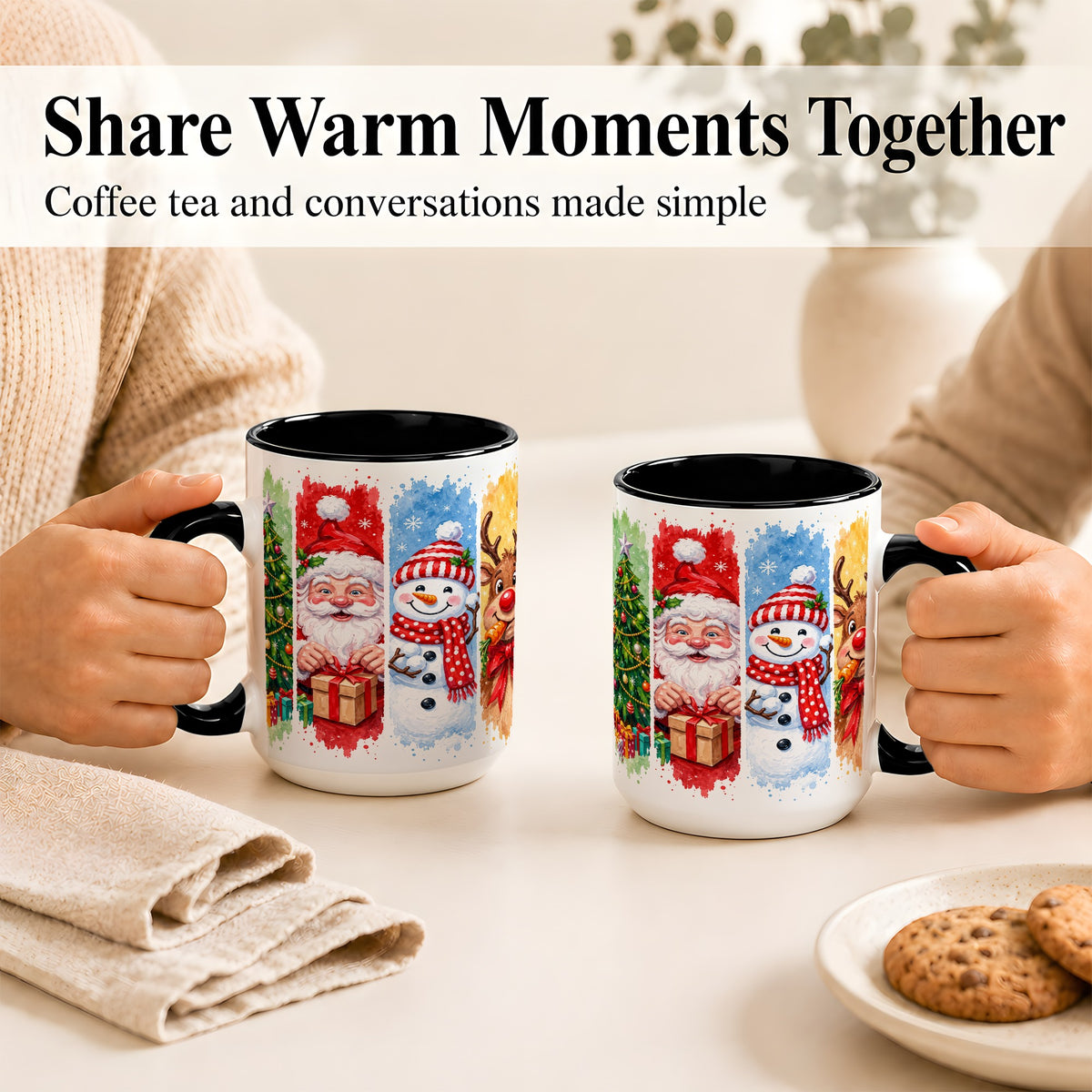 #pl[15oz|Black] Christmas Friends Coffee Mug, Santa Snowman Reindeer Mug, Ceramic Cup