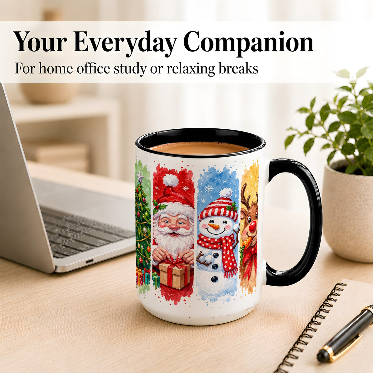 #pl[15oz|Black] Christmas Friends Coffee Mug, Santa Snowman Reindeer Mug, Ceramic Cup