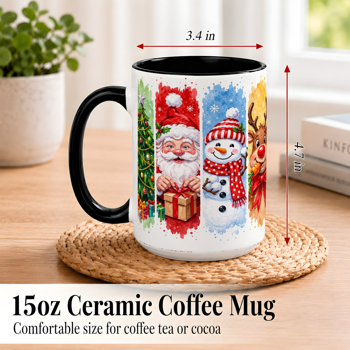 #pl[15oz|Black] Christmas Friends Coffee Mug, Santa Snowman Reindeer Mug, Ceramic Cup
