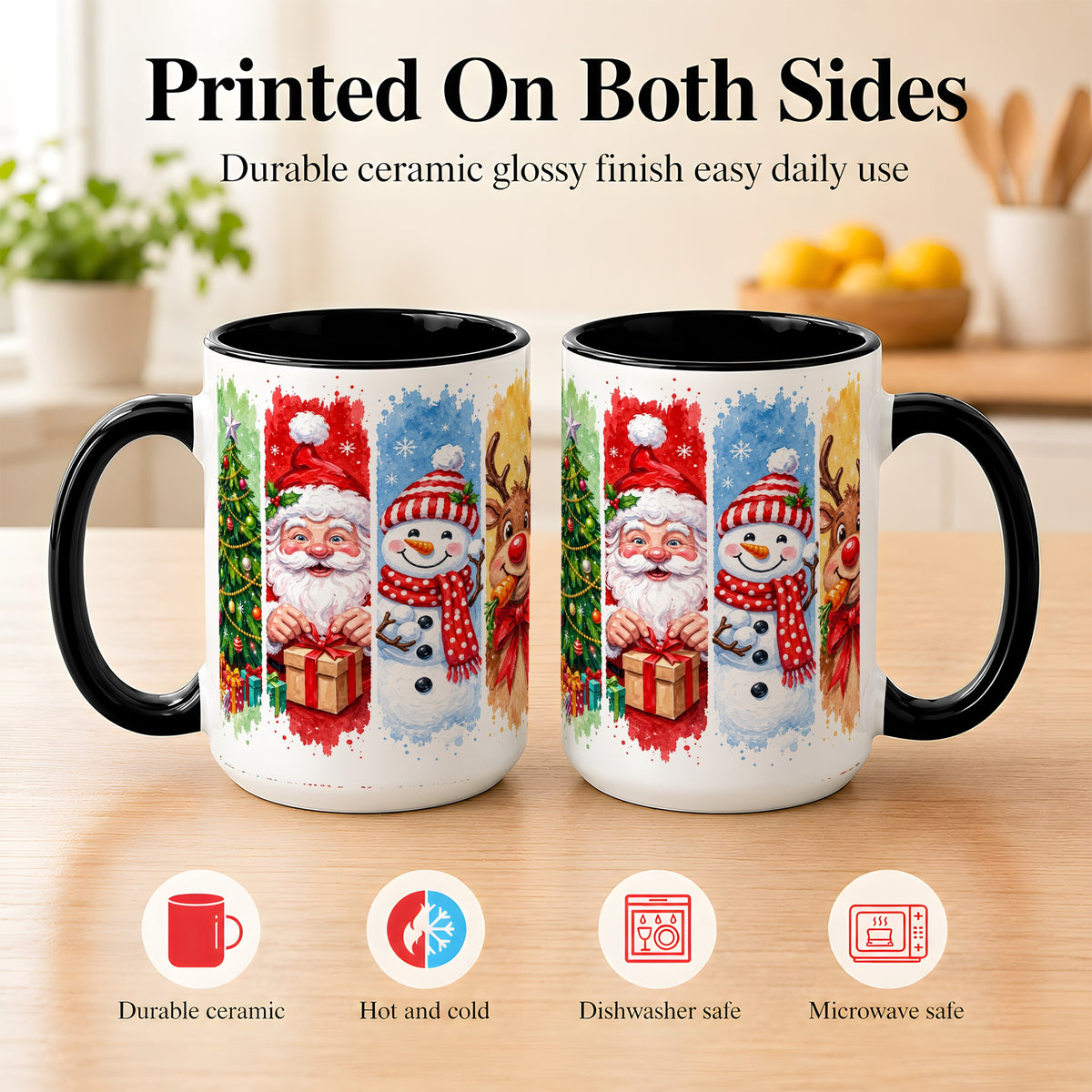 #pl[15oz|Black] Christmas Friends Coffee Mug, Santa Snowman Reindeer Mug, Ceramic Cup