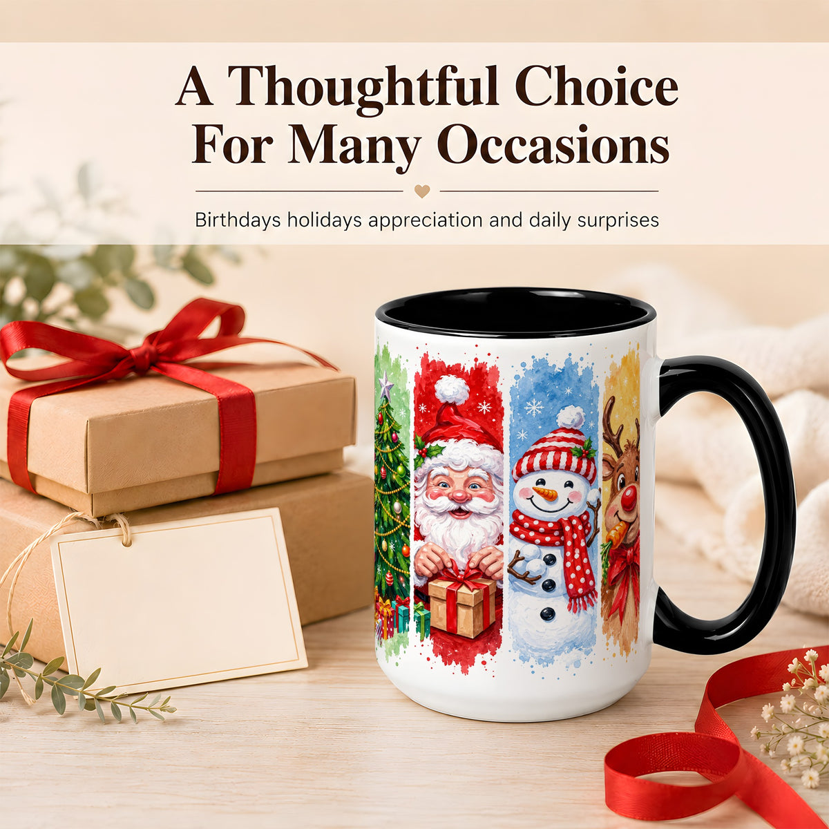 #pl[15oz|Black] Christmas Friends Coffee Mug, Santa Snowman Reindeer Mug, Ceramic Cup