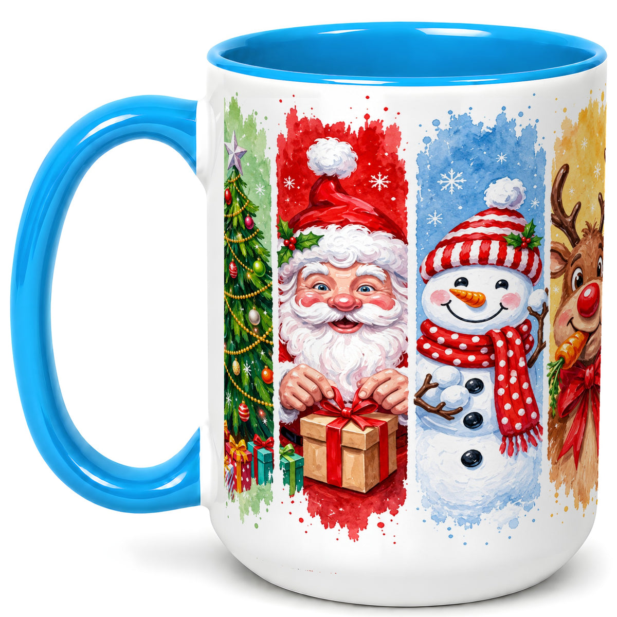 #pl[15oz|Blue] Christmas Friends Coffee Mug, Santa Snowman Reindeer Mug, Ceramic Cup