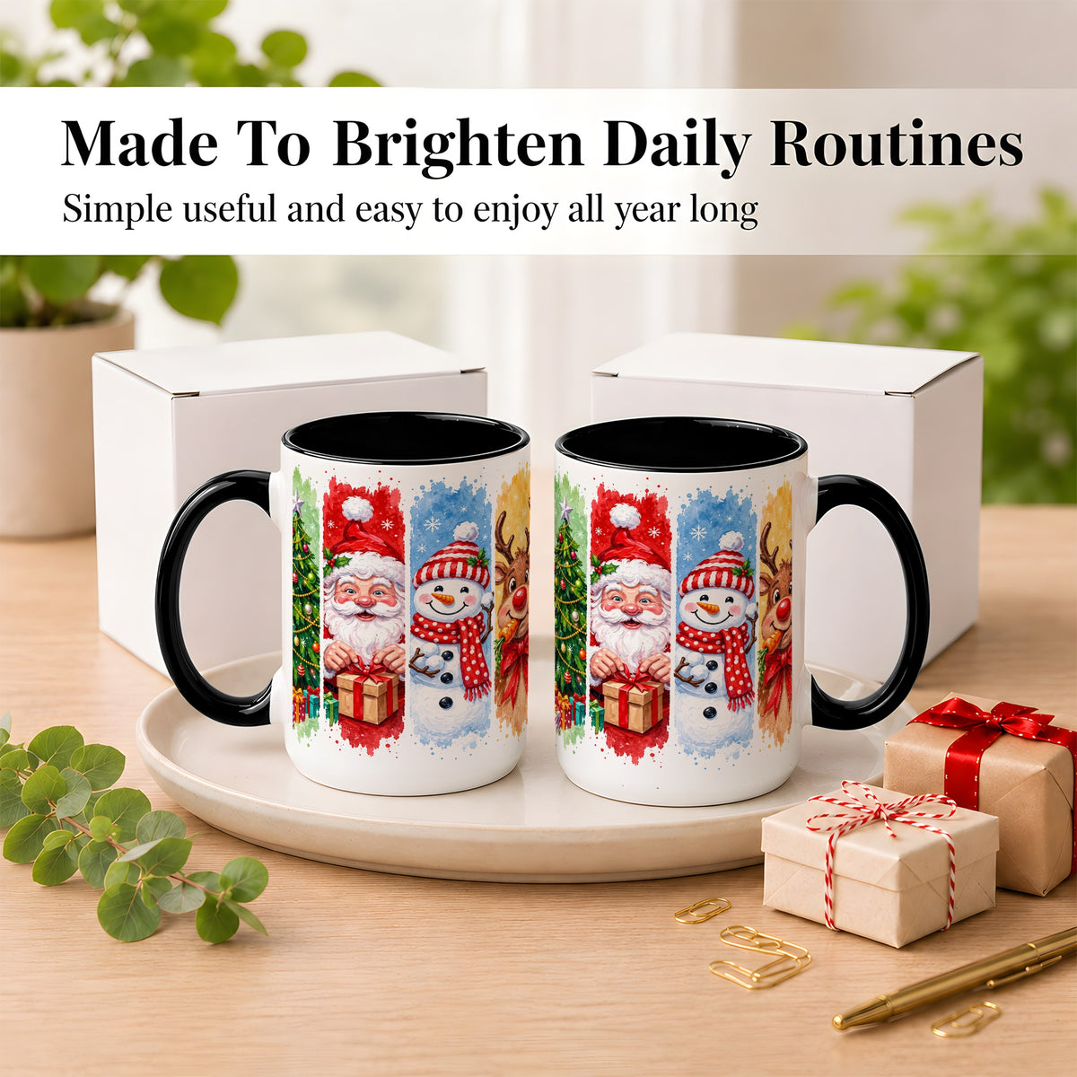 #pl[15oz|Black] Christmas Friends Coffee Mug, Santa Snowman Reindeer Mug, Ceramic Cup