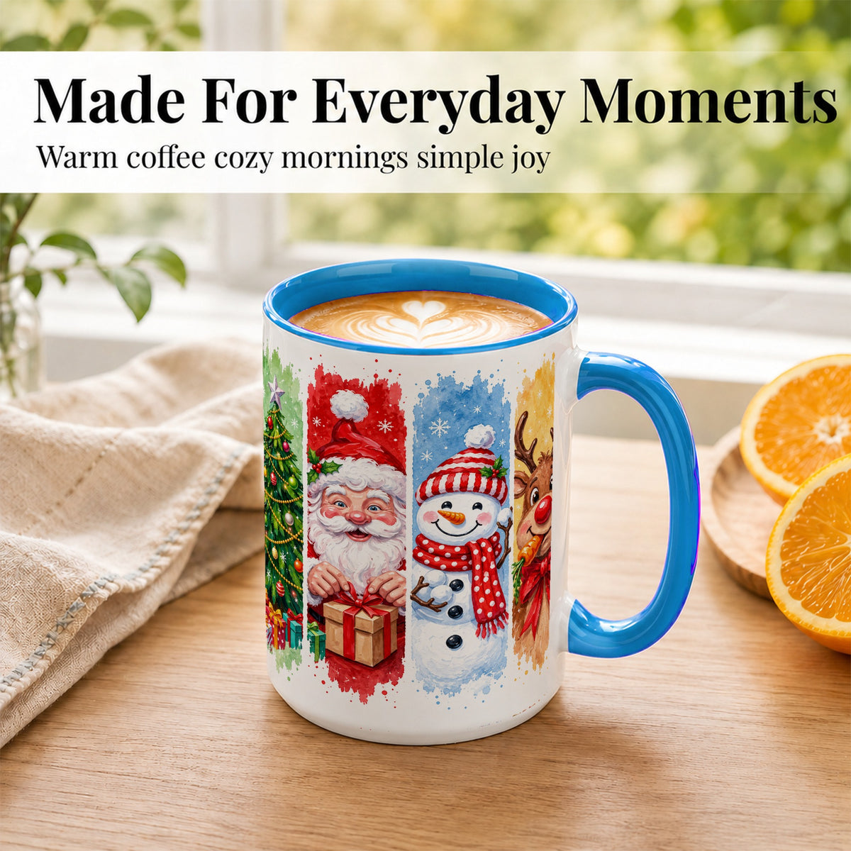 #pl[15oz|Blue] Christmas Friends Coffee Mug, Santa Snowman Reindeer Mug, Ceramic Cup