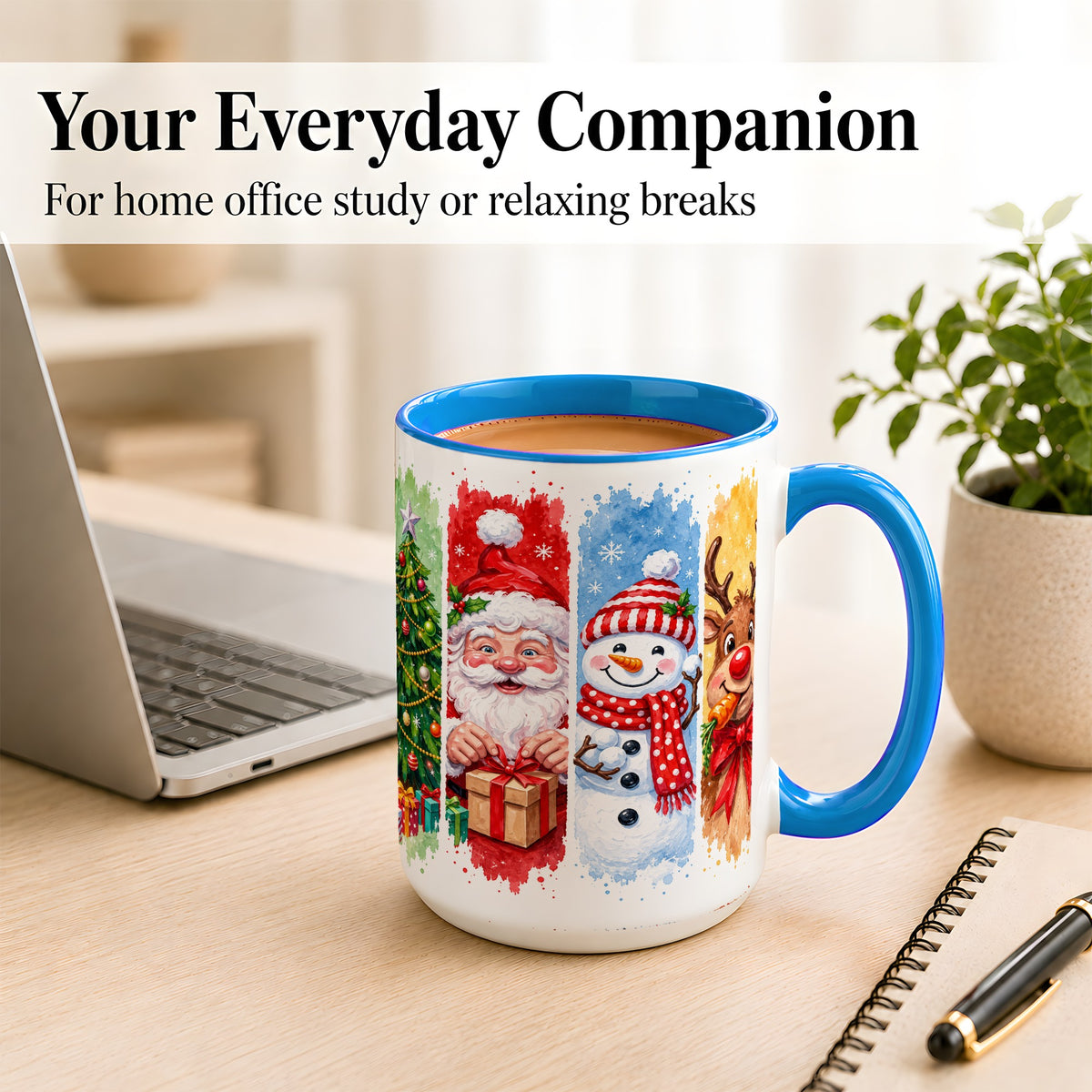 #pl[15oz|Blue] Christmas Friends Coffee Mug, Santa Snowman Reindeer Mug, Ceramic Cup