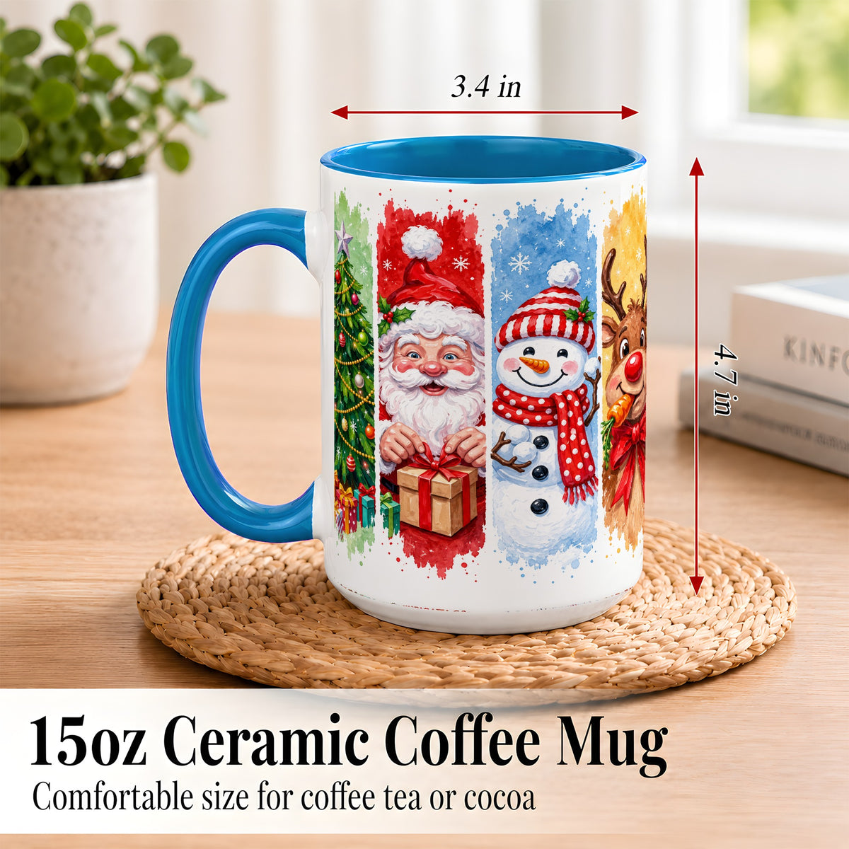 #pl[15oz|Blue] Christmas Friends Coffee Mug, Santa Snowman Reindeer Mug, Ceramic Cup