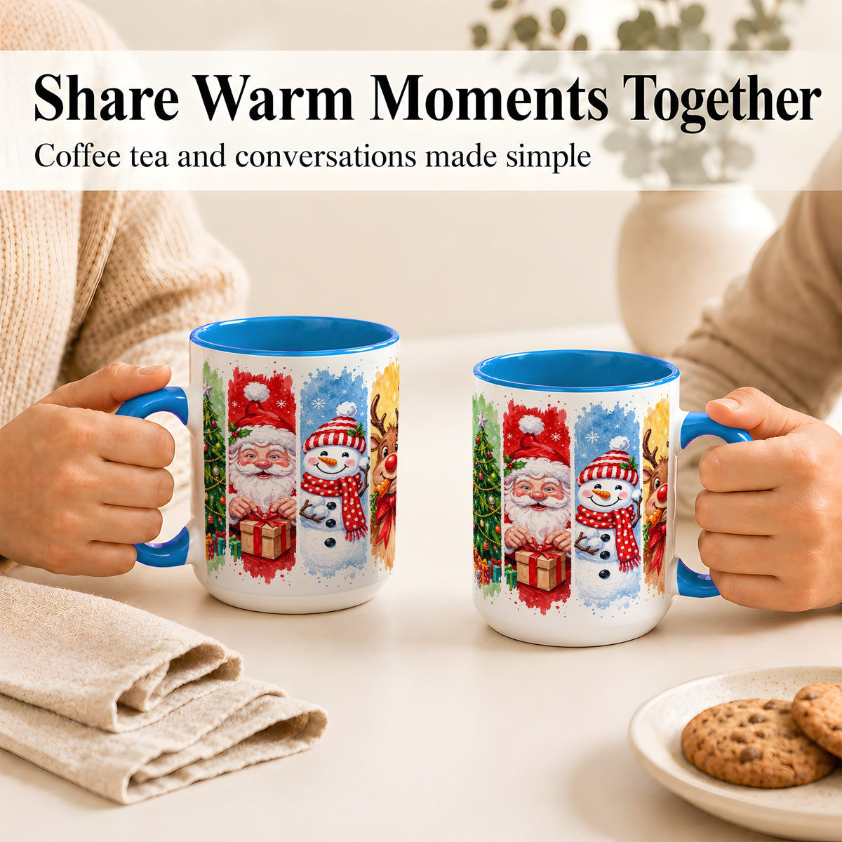 #pl[15oz|Blue] Christmas Friends Coffee Mug, Santa Snowman Reindeer Mug, Ceramic Cup