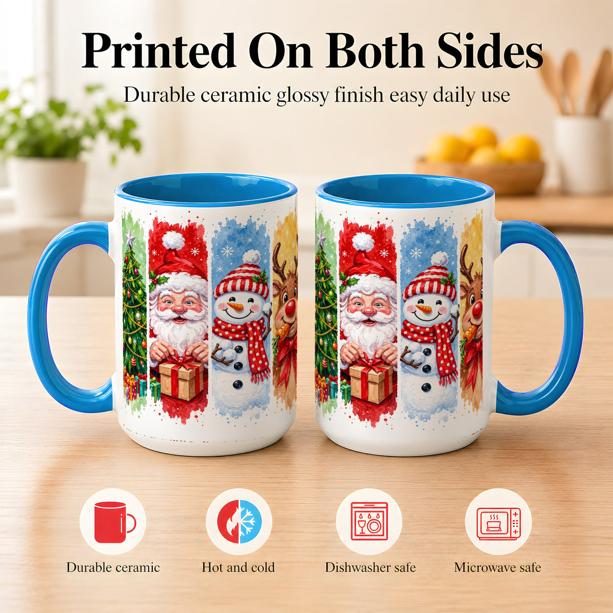 #pl[15oz|Blue] Christmas Friends Coffee Mug, Santa Snowman Reindeer Mug, Ceramic Cup