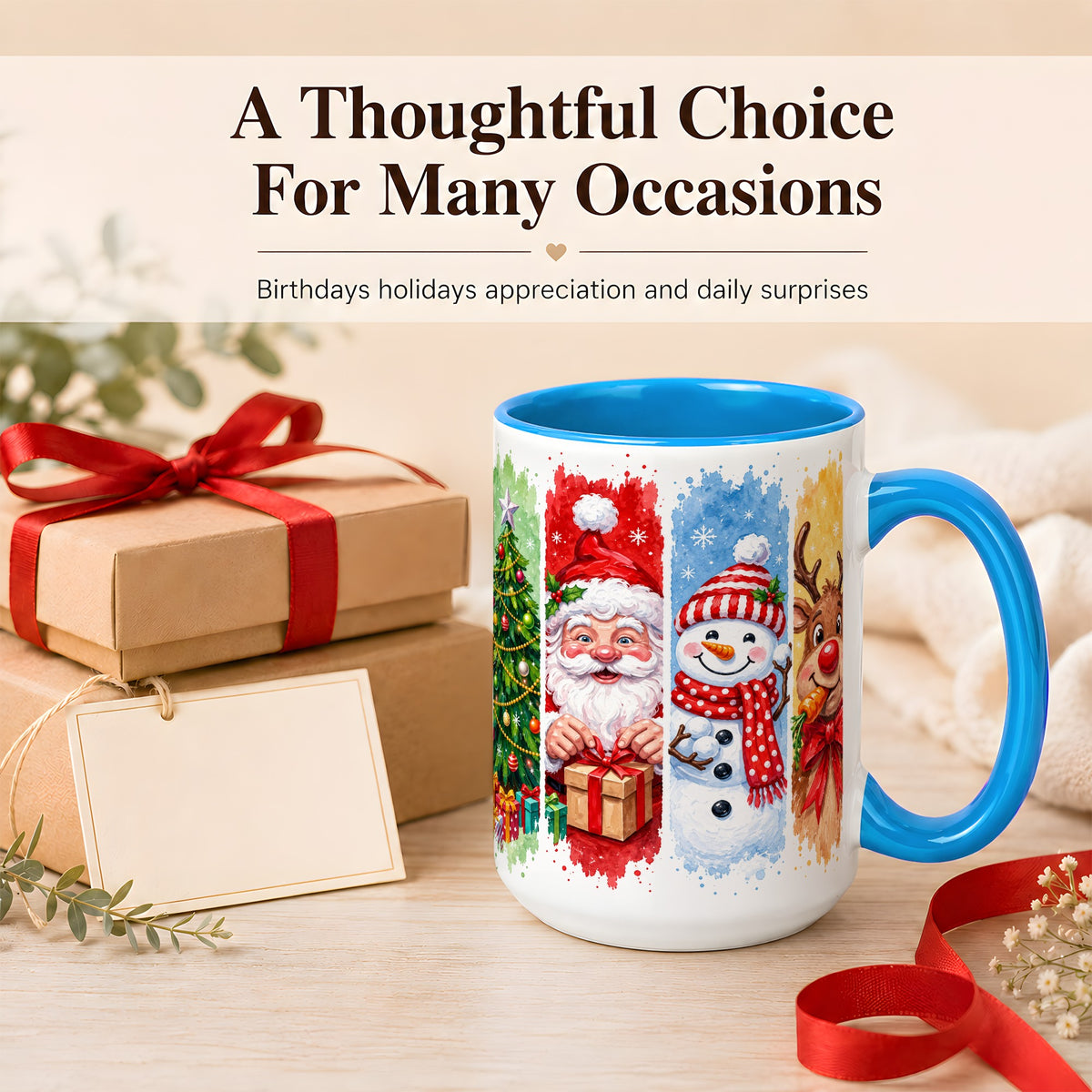 #pl[15oz|Blue] Christmas Friends Coffee Mug, Santa Snowman Reindeer Mug, Ceramic Cup